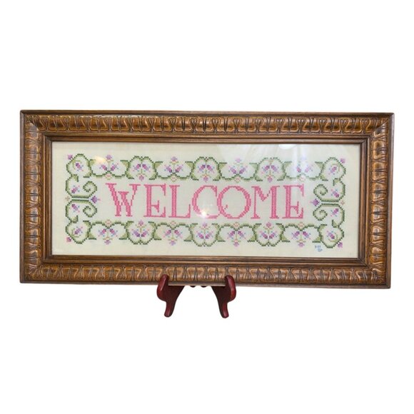 VTG? 1984? Hand Made "Welcome" Cross Stitch Plastic Framed Pink Green 22.5' L - Picture 2 of 9